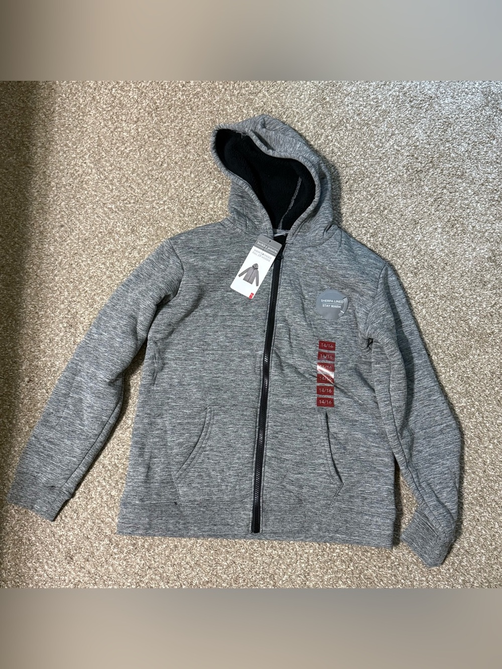 Kids Gray Hooded Zip-Up Sweatshirt with Sherpa Lining